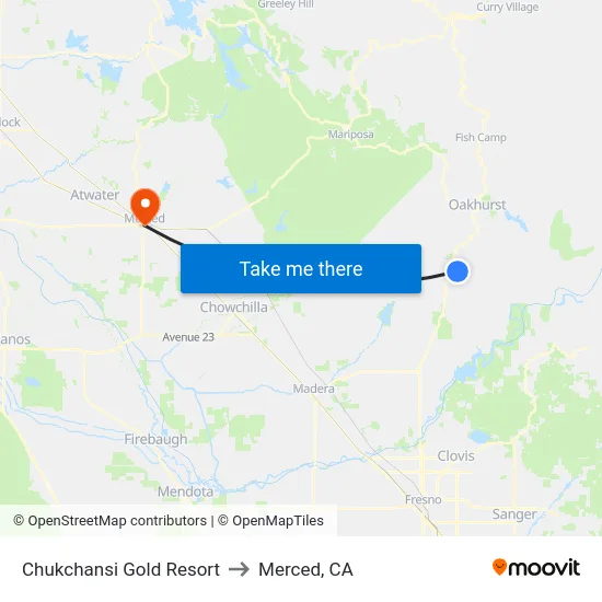 Chukchansi Gold Resort to Merced, CA map