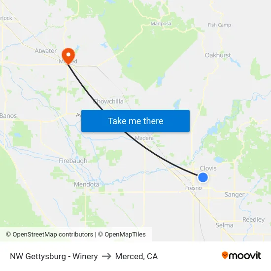 NW Gettysburg - Winery to Merced, CA map
