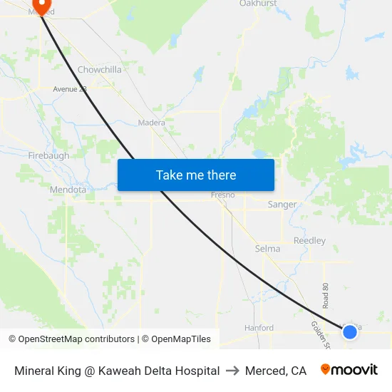 Mineral King @ Kaweah Delta Hospital to Merced, CA map