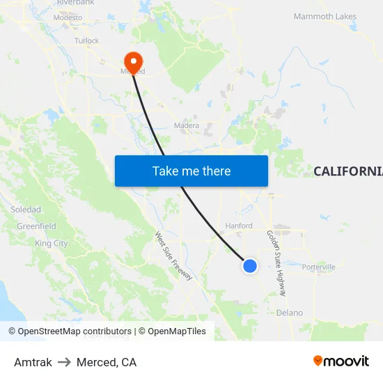 Amtrak to Merced, CA map