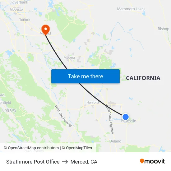 Strathmore Post Office to Merced, CA map