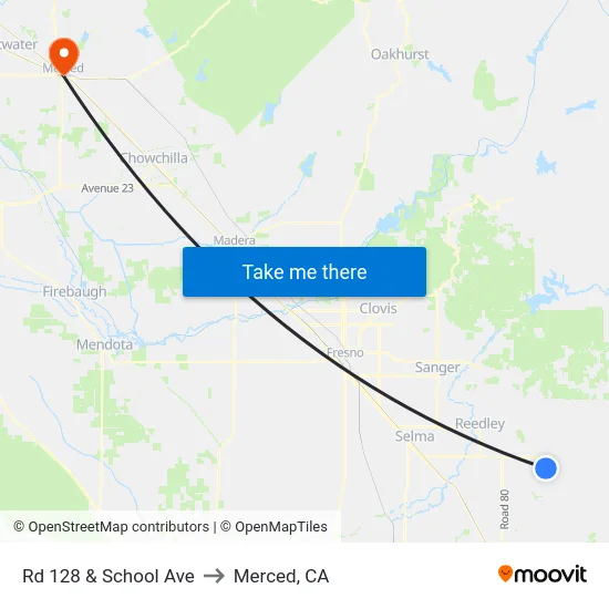 Rd 128 & School Ave to Merced, CA map