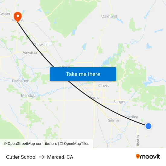 Cutler School to Merced, CA map