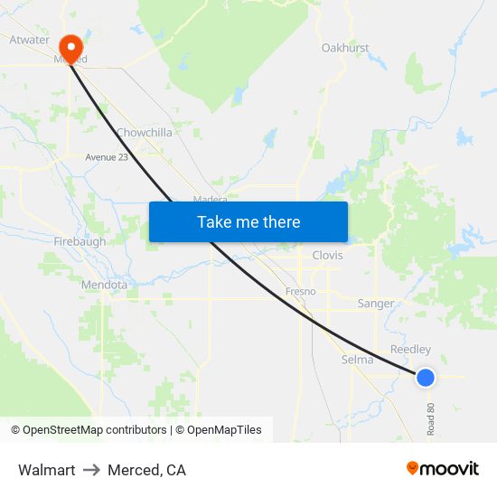 Walmart to Merced, CA map