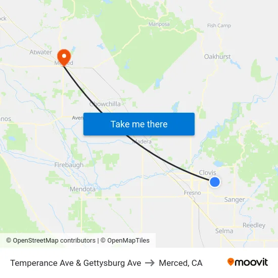 Temperance Ave & Gettysburg Ave to Merced, CA map