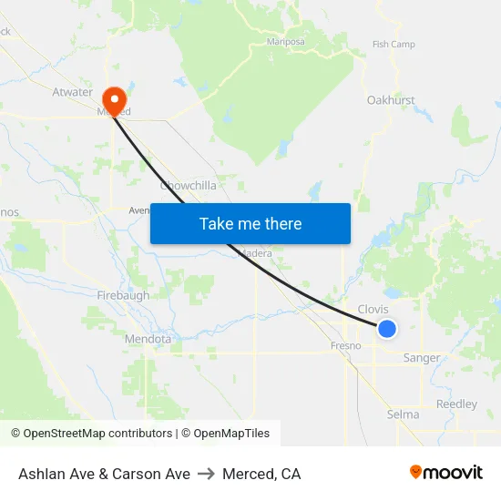 Ashlan Ave & Carson Ave to Merced, CA map