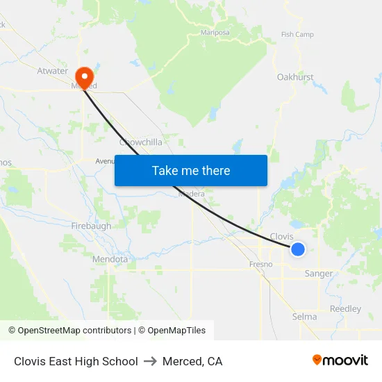 Clovis East High School to Merced, CA map