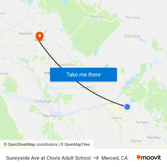 Sunnyside Ave at Clovis Adult School to Merced, CA map