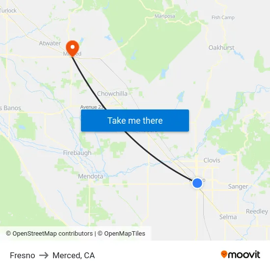 Fresno to Merced, CA map
