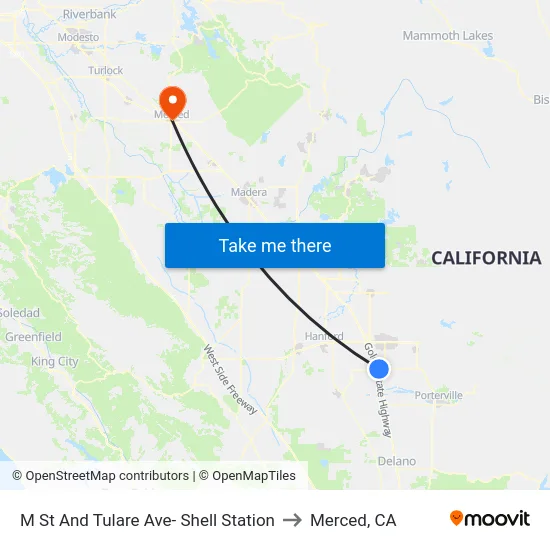 M St And Tulare Ave- Shell Station to Merced, CA map
