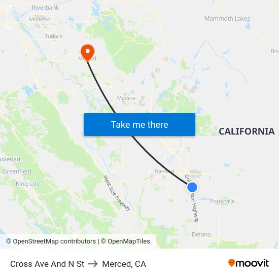 Cross Ave And N St to Merced, CA map