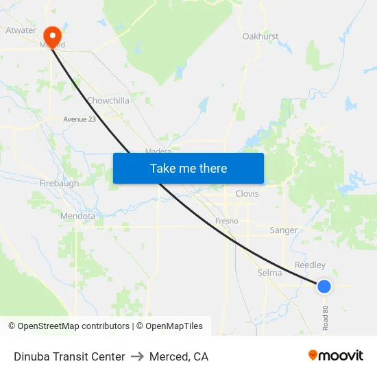 Dinuba Transit Center to Merced, CA map