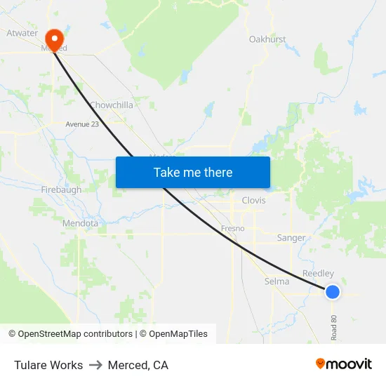 Tulare Works to Merced, CA map