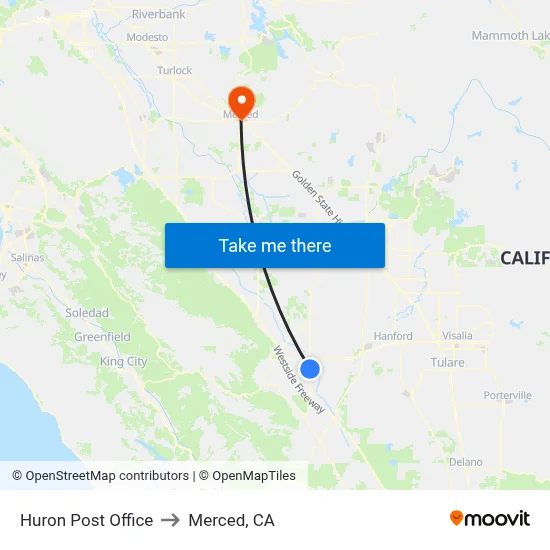 Huron Post Office to Merced, CA map