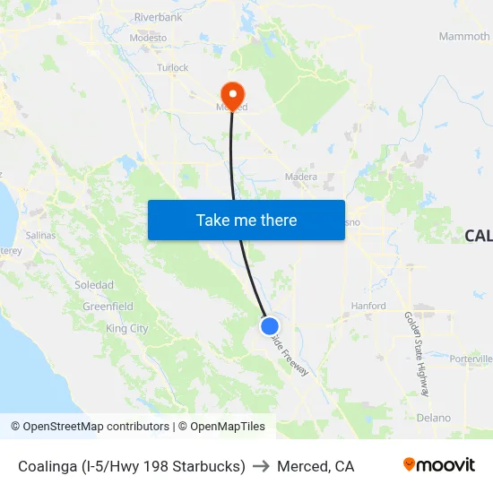 Coalinga (I-5/Hwy 198 Starbucks) to Merced, CA map