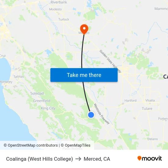 Coalinga (West Hills College) to Merced, CA map