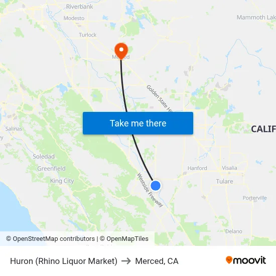 Huron (Rhino Liquor Market) to Merced, CA map