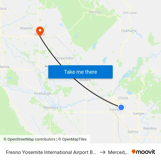 Fresno Yosemite International Airport Bus Shelter to Merced, CA map