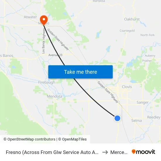 Fresno (Across From Glw Service Auto And Truck Repair) to Merced, CA map