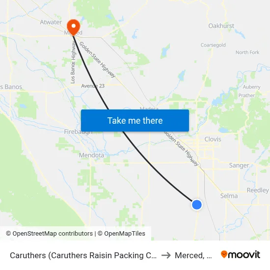 Caruthers (Caruthers Raisin Packing Co) to Merced, CA map