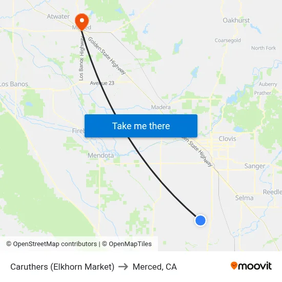 Caruthers (Elkhorn Market) to Merced, CA map