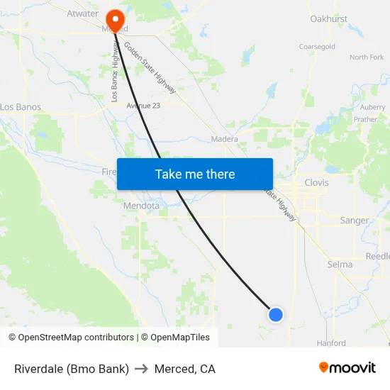 Riverdale (Bmo Bank) to Merced, CA map