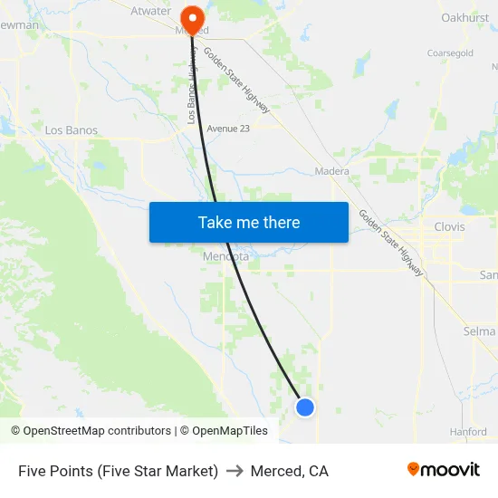 Five Points (Five Star Market) to Merced, CA map