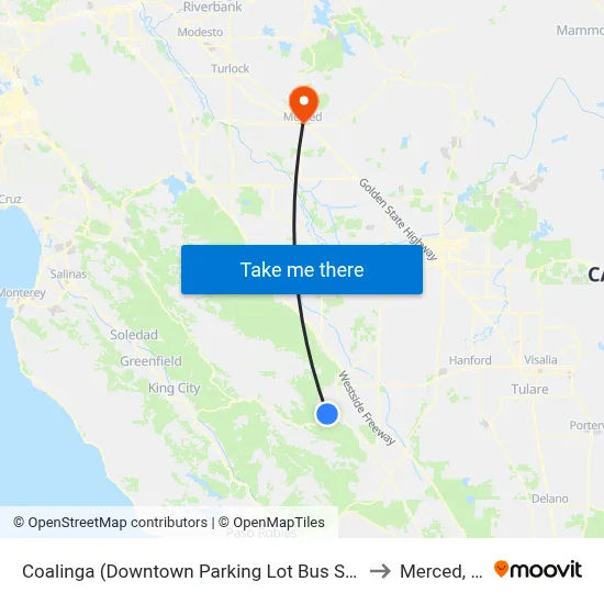 Coalinga (Downtown Parking Lot Bus Shelter) to Merced, CA map