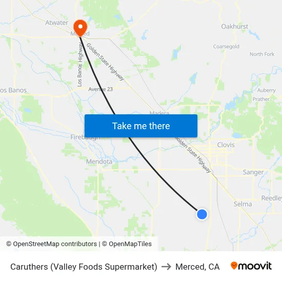 Caruthers (Valley Foods Supermarket) to Merced, CA map