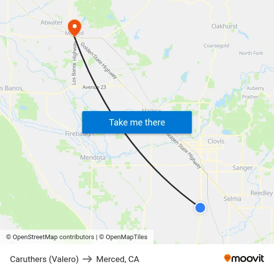 Caruthers (Valero) to Merced, CA map
