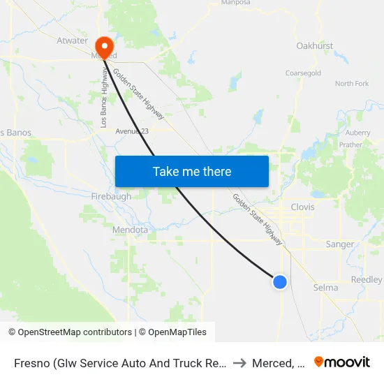 Fresno (Glw Service Auto And Truck Repair) to Merced, CA map