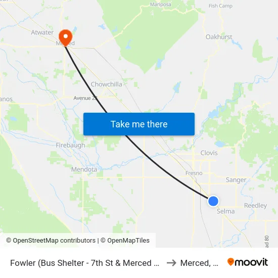 Fowler (Bus Shelter - 7th St & Merced St) to Merced, CA map