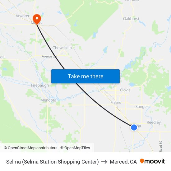 Selma (Selma Station Shopping Center) to Merced, CA map