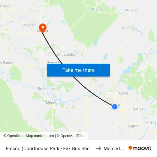 Fresno (Courthouse Park - Fax Bus Shelter L) to Merced, CA map