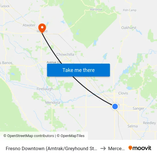 Fresno Downtown (Amtrak/Greyhound Station Bus Shelter) to Merced, CA map