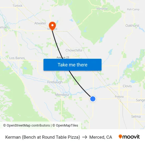 Kerman (Bench at Round Table Pizza) to Merced, CA map