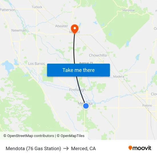 Mendota (76 Gas Station) to Merced, CA map