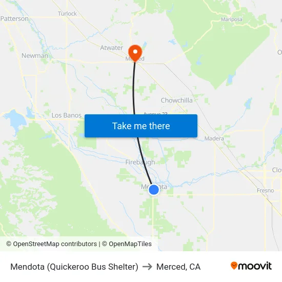Mendota (Quickeroo Bus Shelter) to Merced, CA map