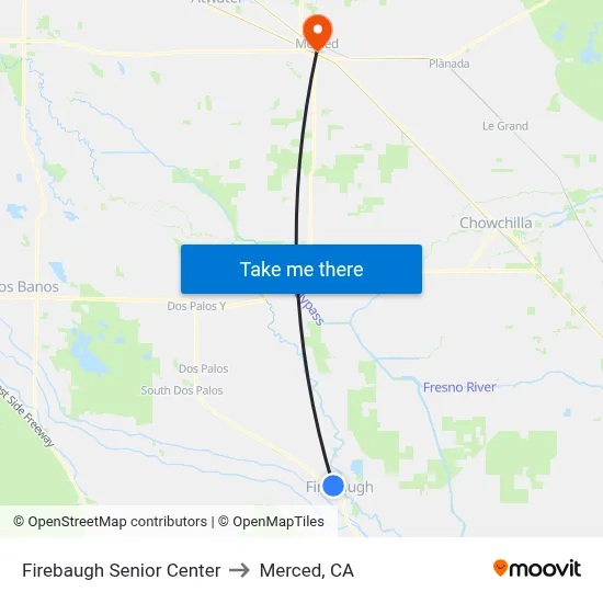 Firebaugh Senior Center to Merced, CA map