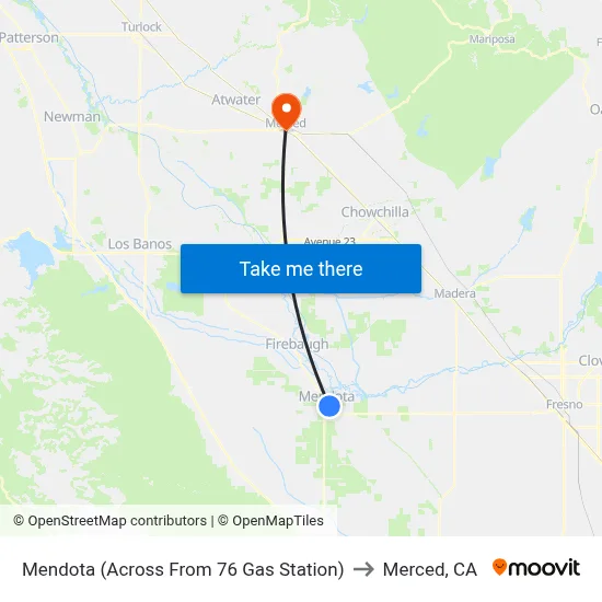 Mendota (Across From 76 Gas Station) to Merced, CA map