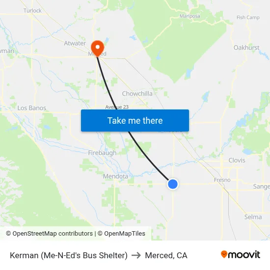 Kerman (Me-N-Ed's Bus Shelter) to Merced, CA map