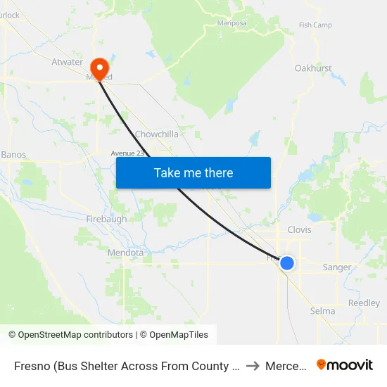 Fresno (Bus Shelter Across From County Social Services) to Merced, CA map