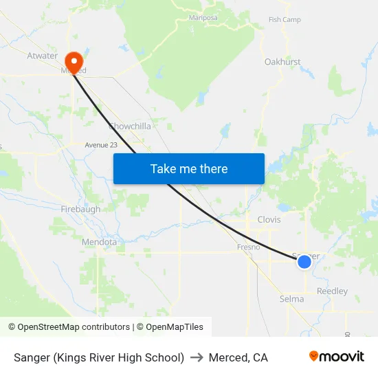 Sanger (Kings River High School) to Merced, CA map