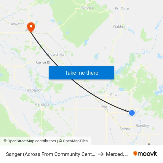 Sanger (Across From Community Center) to Merced, CA map