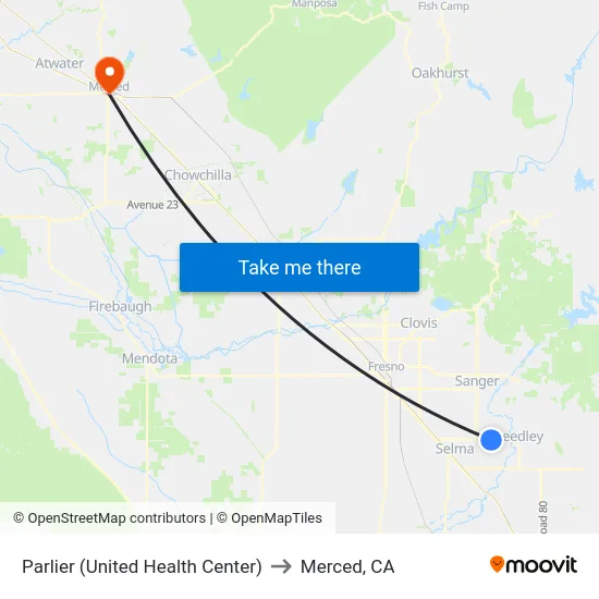Parlier (United Health Center) to Merced, CA map