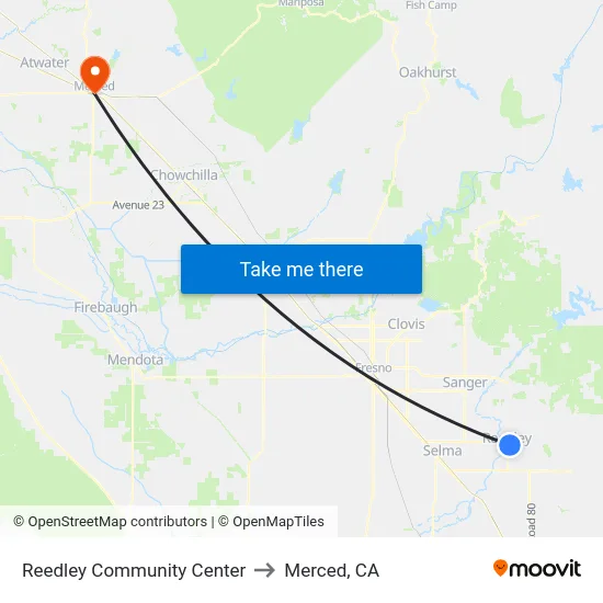 Reedley Community Center to Merced, CA map
