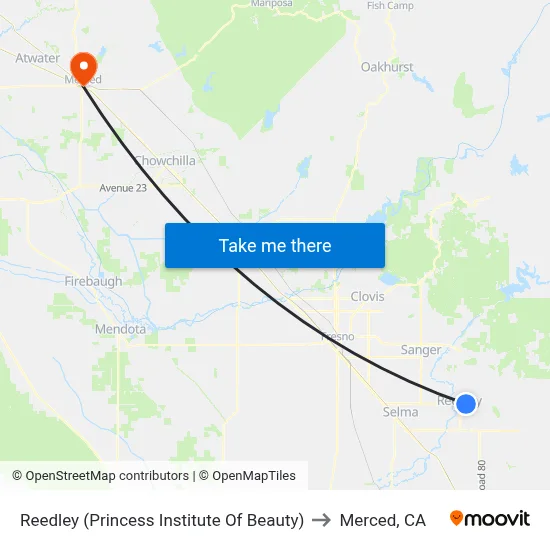 Reedley (Princess Institute Of Beauty) to Merced, CA map