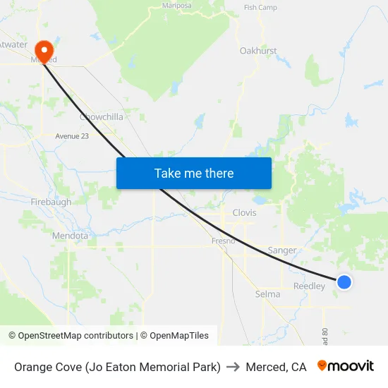 Orange Cove (Jo Eaton Memorial Park) to Merced, CA map