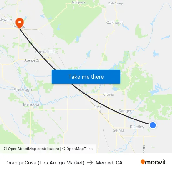 Orange Cove (Los Amigo Market) to Merced, CA map