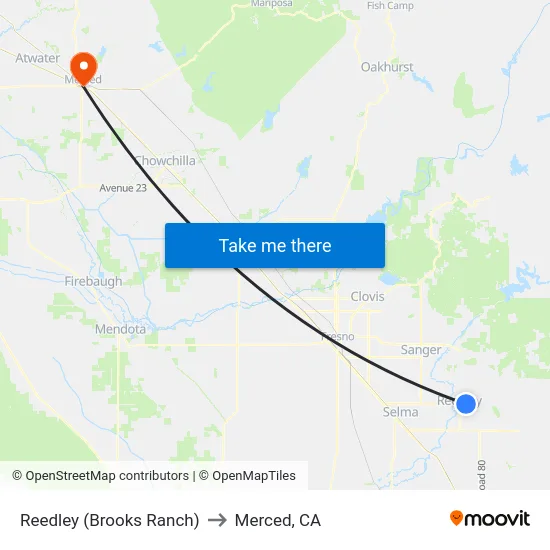 Reedley (Brooks Ranch) to Merced, CA map